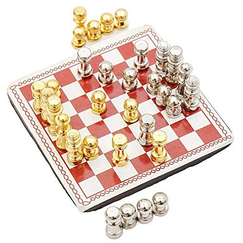 Odoria 112 Miniature Metal Chess Set 32 Chesses and Chessboard Dollhouse Decoration Accessories