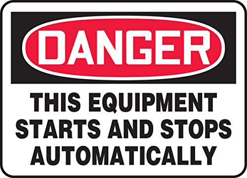 Accuform MEQM088XV Adhesive Dura-Vinyl Safety Sign Legend inchDanger This Equipment Starts and Stops Automatically inch 10 inch Length x 14 inch Width x 0.006 inch Thickness Red Black on White