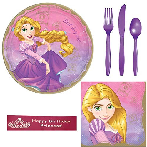 Disney Princess Rapunzel Birthday Party Supplies Bundle Including Plates Napkins Utensils and Bonus Printed Ribbon