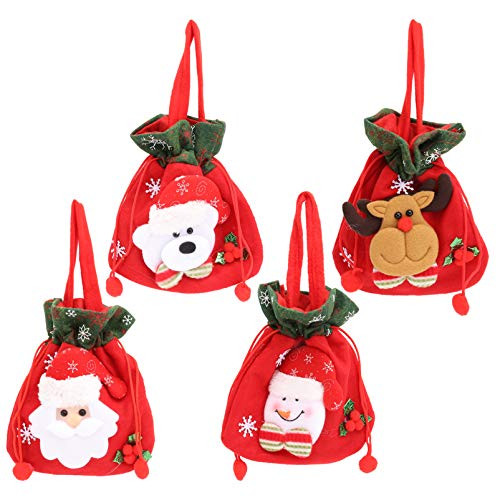 ARTIBETTER 4pcs Christmas Drawstring Gift Bags Santa Snowman Elk Bear Apple Packing Bag Treats Candy Goodie Pouch for Xmas Holiday Party Favors