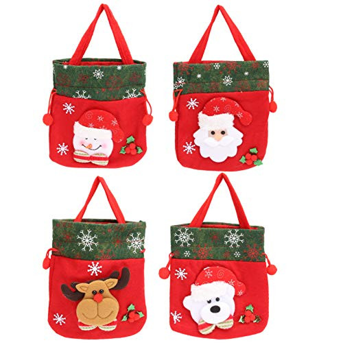 HEALLILY 4pcs Christmas Candy Pouch Non Woven Santa Snowman Elk Bear Drawstring Bag Xmas Treat Pouch Holiday Goody Bags for Christmas Party Favor Supplies