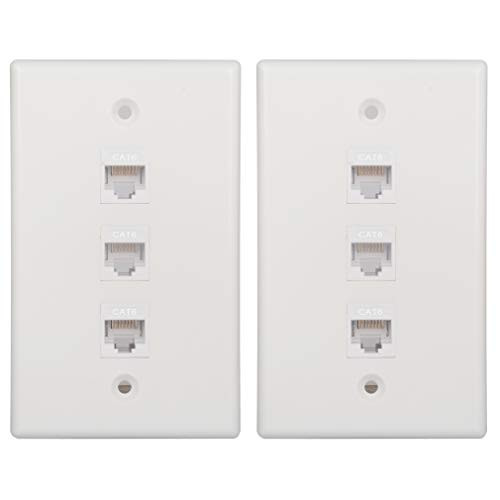 Kebulldola RJ45 Cat6 Wall Plate 3 Port Single Gang Ethernet Wall Plate for for Cat5 Cat5e Cat6 Cat6A Ethernet Cables White 2 Pack