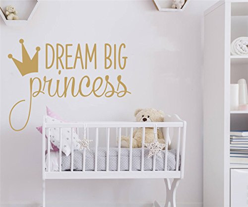 JOYRESIDE Dream Big Princess With Crown Wall Decal Vinyl Sticker For Kids Baby Girls Bedroom Decoration Nursery Home Decor Mural Design YMX18 (Gold)