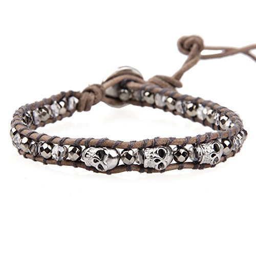 KELITCH Silver Skull Crystal Bead Leather Charm Bracelets for Men Women Braided New Cuff Bangle Link Fashion Jewelry Gift