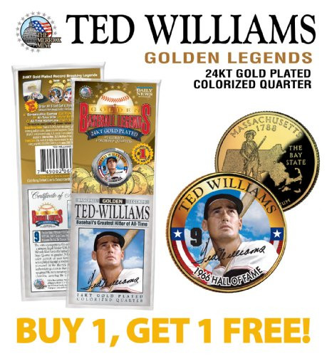TED WILLIAMS Golden Legends 24K Gold Plated MA. State Quarter U.S. Coin - BOGO