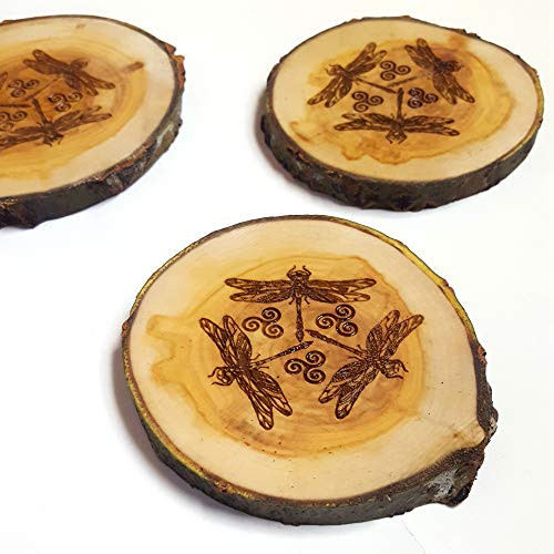Celtic Dragonfly Rustic Wood Slice Coaster Set