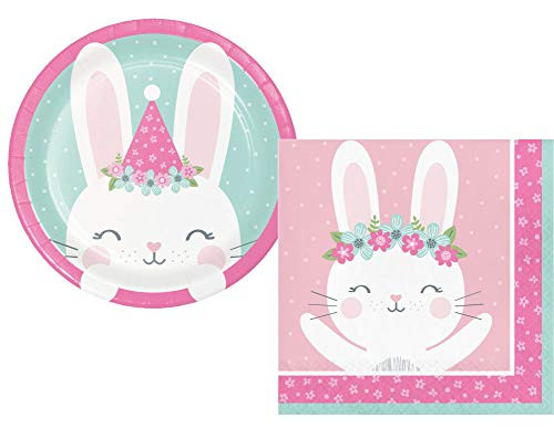 Bunny Party Supplies Bundle Includes Round Dessert Plates and Napkins for 16 Guests  Round Plate