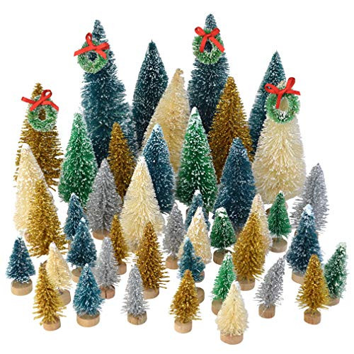 Topbuti 48 Pcs Mini Christmas Trees Bottle Brush Trees Sisal Snow Frost Trees Diorama Tree with Wood Base for Christmas Decoration Home DIY Decor Crafts Assorted Color