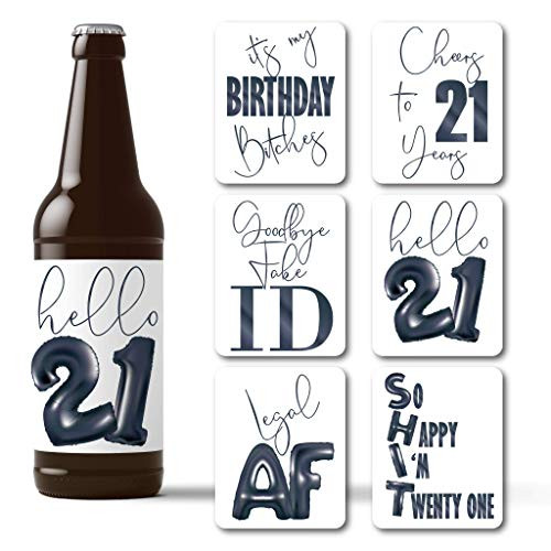 21st Birthday Beer Bottle Labels - 6 Weatherproof Beer Accessories - 21st Birthday Black Balloon Glass Stickers - Printed on Polyester Stock in USA by RitzyRose