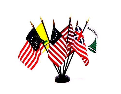 Made in The USA US Historical Flag Set - Set of 6 Rayon 4 inchx6 inch Flags with a 6-Hole Base 4x6 Miniature Historical Desk  and  Table Flags Set Small Mini Stick Flags