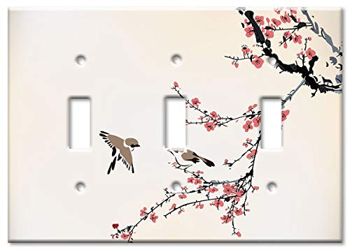 Art Plates Brand Triple Gang Toggle Switch Wall Plate - Birds on a Cherry Blossom