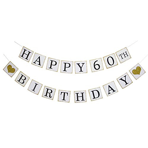 Happy 60TH Birthday Banner - Gold Glitter Heart for 60 Years Birthday Party Decoration Bunting White (60) Happy 60TH Birthday Banner - Gold Glitter Heart for 60 Years Birthday Party Decoration Bunting White (60)