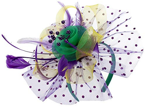 Mardi Gras Headband Cocktail Tea Party Headwear Feather Flower Fascinators Veil Hats Wedding Kentucky Derby Headband Mardi Gras Hats for Women  Yellow and Purple and Green
