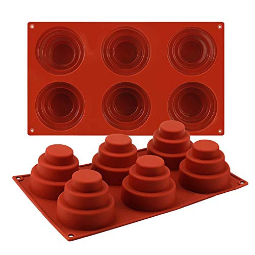 FVVMEED 6 Cavities Mini 3 Tier Cake Silicone Pan Multi Tiered Cupcake Mousse Mold DIY Round Cupcake Pastry Pudding Cookie Chocolate Jelly Muffin Fondant Baking Pan Mould Nonstick Home Made Baking