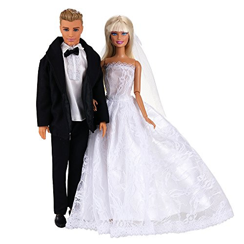 Barwa Wedding Set White Wedding Dress with Veil and Formal Suit Outfit for Barbie Ken Doll Barwa Wedding Set White Wedding Dress with Veil and Formal Suit Outfit for Barbie Ken Doll