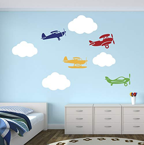 Airplanes with Clouds Wall Decal - Airplane Decal Clouds Decal - Nursery Wall Decal - Kids Boys Room Decor Vinyl Wall Decal  Small