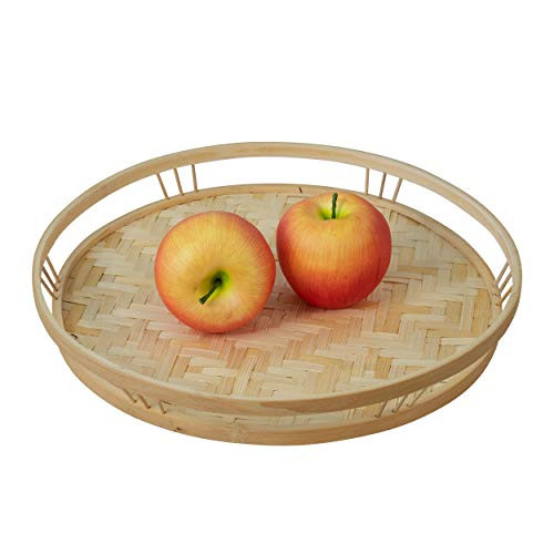 Made Terra Bamboo Wicker Round Serving Trays with Handles Handwoven Serving Platter Trays for Coffee Breakfast Bread Food Dish and Decorative Trays for Dining Table  1 Pack