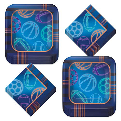 Sports Theme Party - Football Baseball Basketball and Soccer  Birthday Baller Multi Sport Blue Paper Dinner Plates and Luncheon Napkins  Serves 16 Sports Theme Party - Football Baseball Basketball and Soccer  Birthday Baller Multi Sport Blue Paper Dinner Plates and Luncheon Napkins  Serves 16