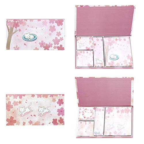 Cute Cat  and  Sakura Self Sticky Notes 2 Boxs with Box Holder 4 Assorted Sizes Memo Note Pads Creative Posted Writing Pads