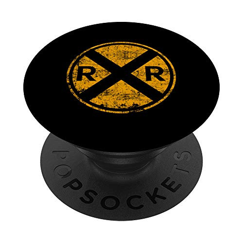 Distressed Railroad Crossing Train Track Warning Yellow Sign PopSockets PopGrip Swappable Grip for Phones  and  Tablets