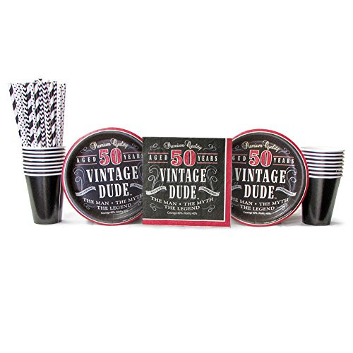 Vintage Dude 50th Party Supplies Pack for 16 Guests Includes: Straws, Dessert Plates, Luncheon Napkins, and Cups (Bundle for 16)