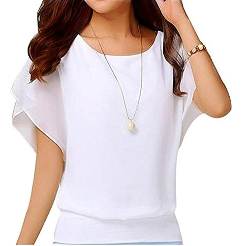 Meikosks Ladies Short Sleeve Chiffon Tops Solid Color Batwing Sleeve T Shirt Plus Size Blouses White