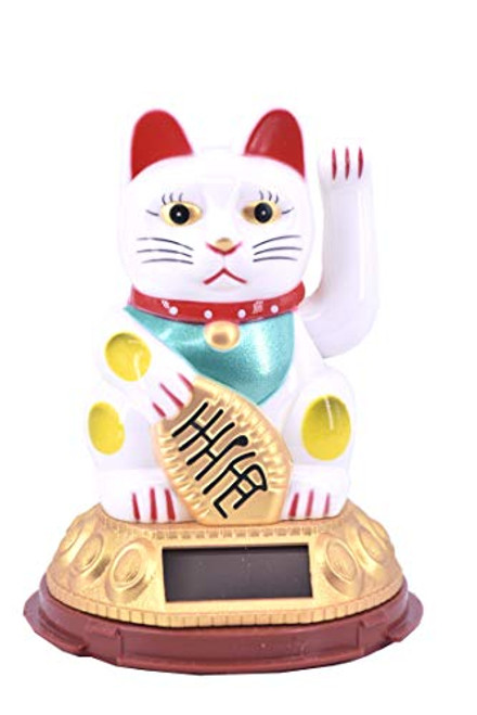 Japanese Maneki Neko Fortune Cat Lucky Cat White Solar Powered with Waving Arm 5-Inches  White