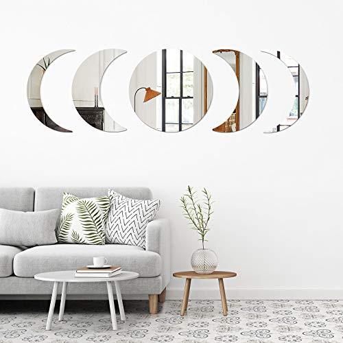 SelfTek 5 Pcs Set Moon Phase Mirror Stickers Adhensive Moon Mirror Decorative Wall Decals Bohemian Decorations for Bedroom Living Room Office Apartment Dorm
