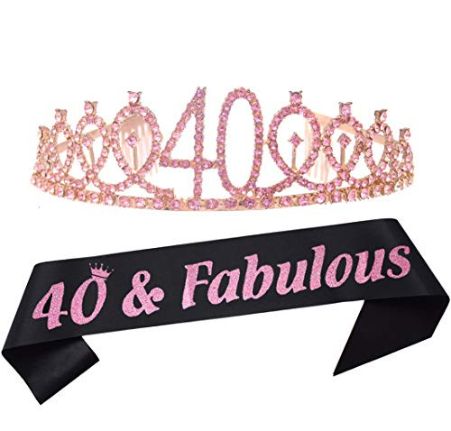 40th Birthday Pink Tiara and Sash Happy 40th Birthday Party Supplies 40  and  Fabulous Glitter Satin Sash and Crystal Tiara Princess Birthday Crown for Girls 40th Birthday Party Decorations Favors
