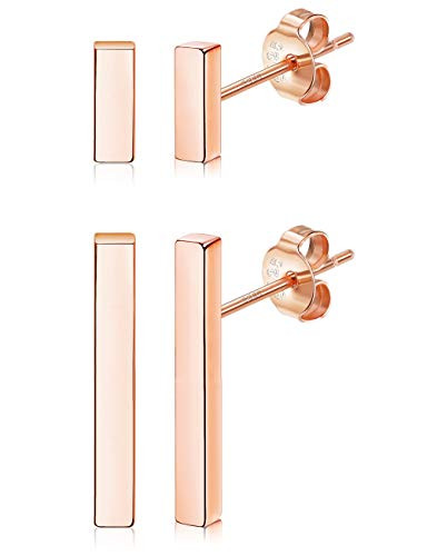 Sllaiss 925 Sterling Silver Mini Bar Stud Earrings for Women Men 2 Pairs Minimalist Line Stick Earrings Set 14k Gold Plated Long Bar Stud Earrings Hypoallergenic  Rose Gold