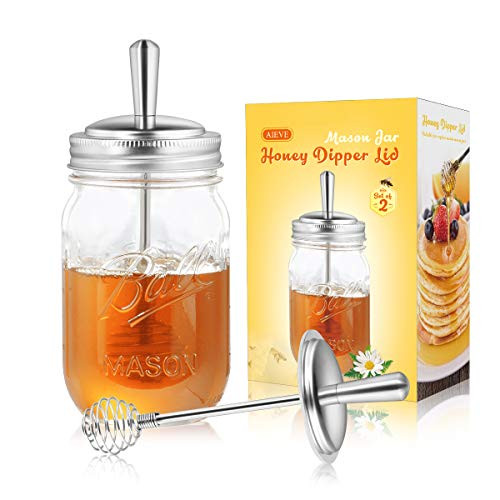 AIEVE Mason Jar Honey Dippers 2 Pack Stainless Steel Honey Sticks Lid Honey Spoon Honey Dipper Mason Jar Topper Honey Dipper Lid for Regular Mouth Mason Jars Ball Jars Honey Jar  Jar Not Included