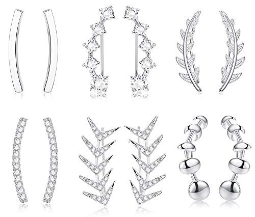 LOYALLOOK 6 Pairs Ear Cuffs Hoop Climber Earrings for Women CZ Leaf Crawler Stud Earring Ball Arrow Cuff Earrings Set Silver