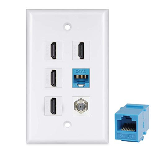HDMI Wall Plate 4 Port - HDMI Ethernet Coax Cable TV F-Type Wall Plate(White) - 4 Port HDMI + 2 Cat6 Ethernet + 1 Coax