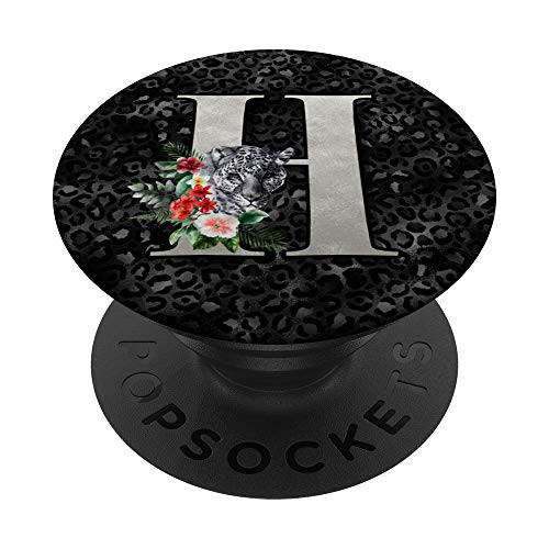 Black Leopard Cheetah Animal Print Letter H Floral Monogram PopSockets PopGrip Swappable Grip for Phones  and  Tablets