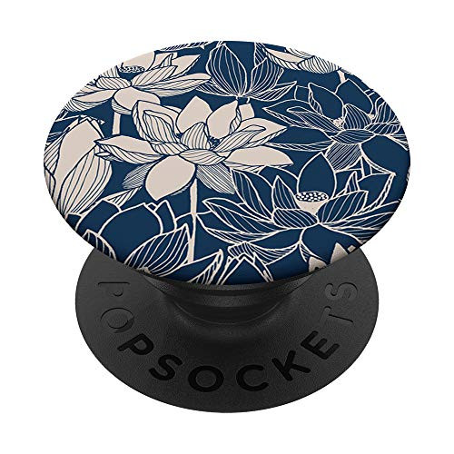 Cute Lotus Floral - Blue Hand Drawn Pattern PopSockets PopGrip Swappable Grip for Phones  and  Tablets