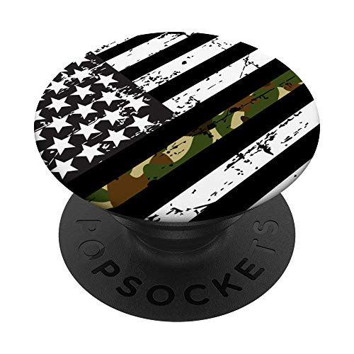 Distressed Military Camo Thin Green Camouflage Line US Flag PopSockets PopGrip Swappable Grip for Phones  and  Tablets