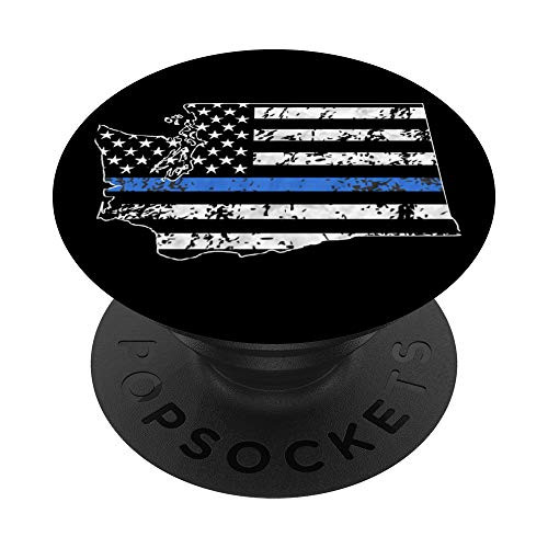 Distressed Thin Blue Line Flag in Washington State Map PopSockets PopGrip Swappable Grip for Phones  and  Tablets