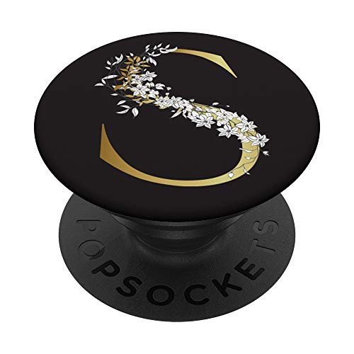 Initial S Monogram Chic Black Background Floral Letter S PopSockets PopGrip Swappable Grip for Phones  and  Tablets