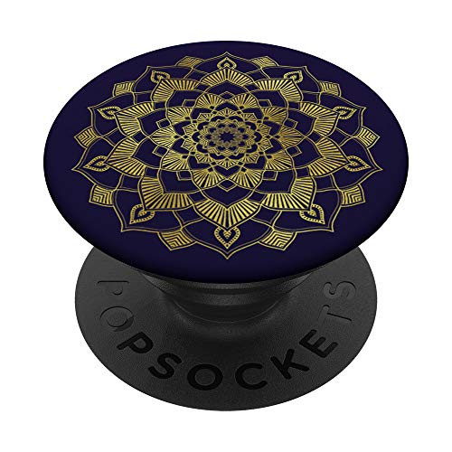 Mandala PopSocket Gold and Navy Blue ~ Pretty Floral Pattern PopSockets PopGrip Swappable Grip for Phones  and  Tablets