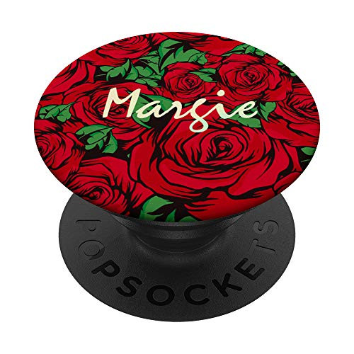 Margie - Floral Red Roses Personalized First Name PopSockets PopGrip Swappable Grip for Phones  and  Tablets