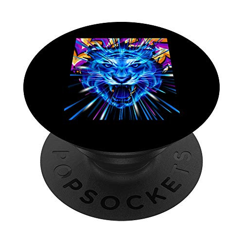 Roaring Tiger Face Roar Blue Psychedelic Colors Lines Feline PopSockets PopGrip Swappable Grip for Phones  and  Tablets
