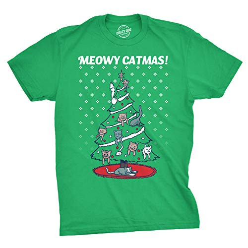 Mens Meowy Christmas Funny Cat Dad Ugly Sweater T Shirt Adult Humor Sarcastic  Green  - XL