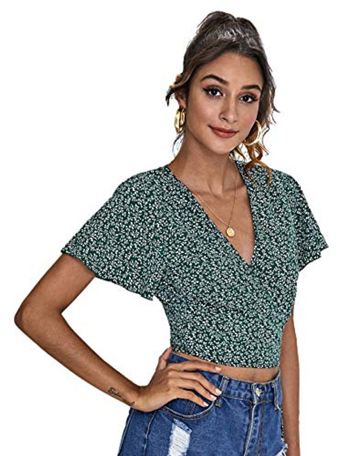 SOLY HUX Womens Ditsy Floral Print V Neck Wrap Tie Side Short Sleeve Crop Top Blouse Dark Green M SOLY HUX Womens Ditsy Floral Print V Neck Wrap Tie Side Short Sleeve Crop Top Blouse Dark Green M