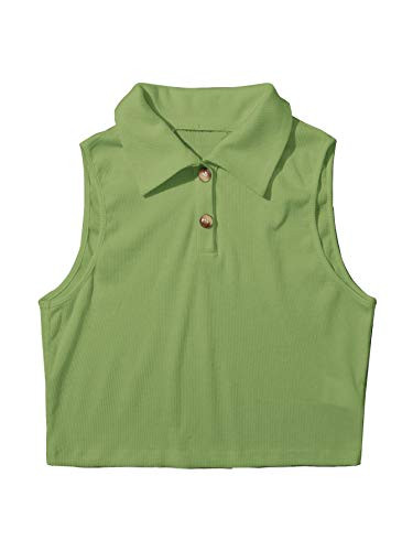 SOLY HUX Womens Casual Button Front Sleeveless Ribbed Knit Crop Tank Top Green S