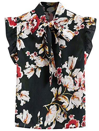Romwe Womens Floral Print Short Sleeve Ruffle Bow Tie Blouse Top Shirts Green L