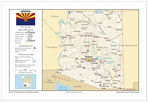 13x19 Arizona General Reference Wall Map - Anchor Maps USA Foundational Series - Cities Roads Physical Features and Topography  Rolled