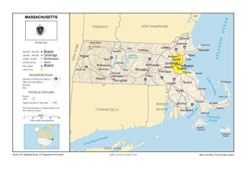 13x19 Massachusetts General Reference Wall Map - Anchor Maps USA Foundational Series - Cities Roads Physical Features and Topography  Rolled