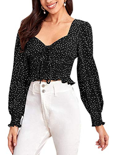 SheIn Womens Long Bishop Sleeve Polka Dot Blouse Shirred Tie Front Sweetheart Neck Shirt Top Black Large