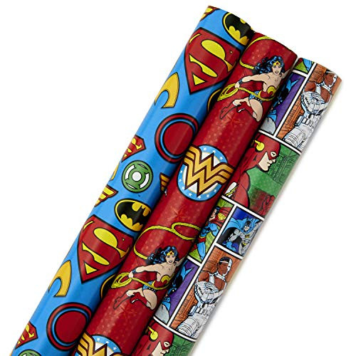 Hallmark Justice League Wrapping Paper Bundle with Cut Lines on Reverse  3 Rolls - 60 sq. ft. ttl  Wonder Woman Batman Superman Flash Green Lantern