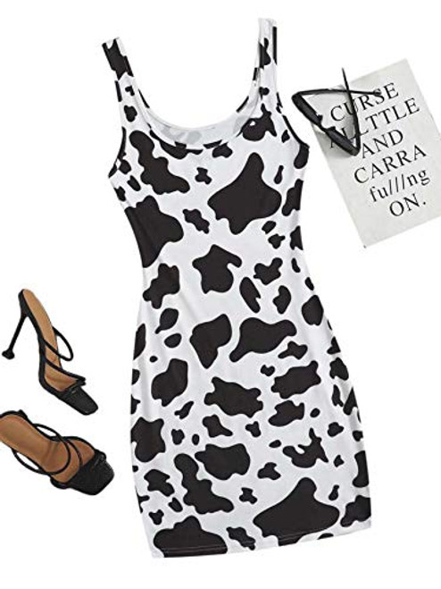 Romwe Womens Cow Print Sleeveless Scoop Neck Bodycon Tank Mini Dress Black and White S